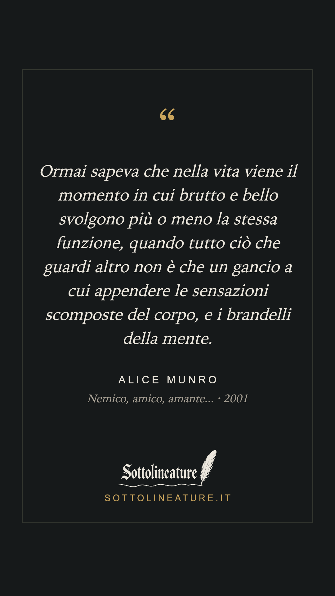 «Ormai sapeva che nella vita viene il momento in cui brutto e bello svolgono più o meno la stessa funzione, quando tutto ciò che guardi altro non è che un gancio a cui appendere le sensazioni scomposte del corpo, e i brandelli della mente.» — Alice Munro, Nemico, amico, amante... (2001). Grafica Sottolineature, versione scura.