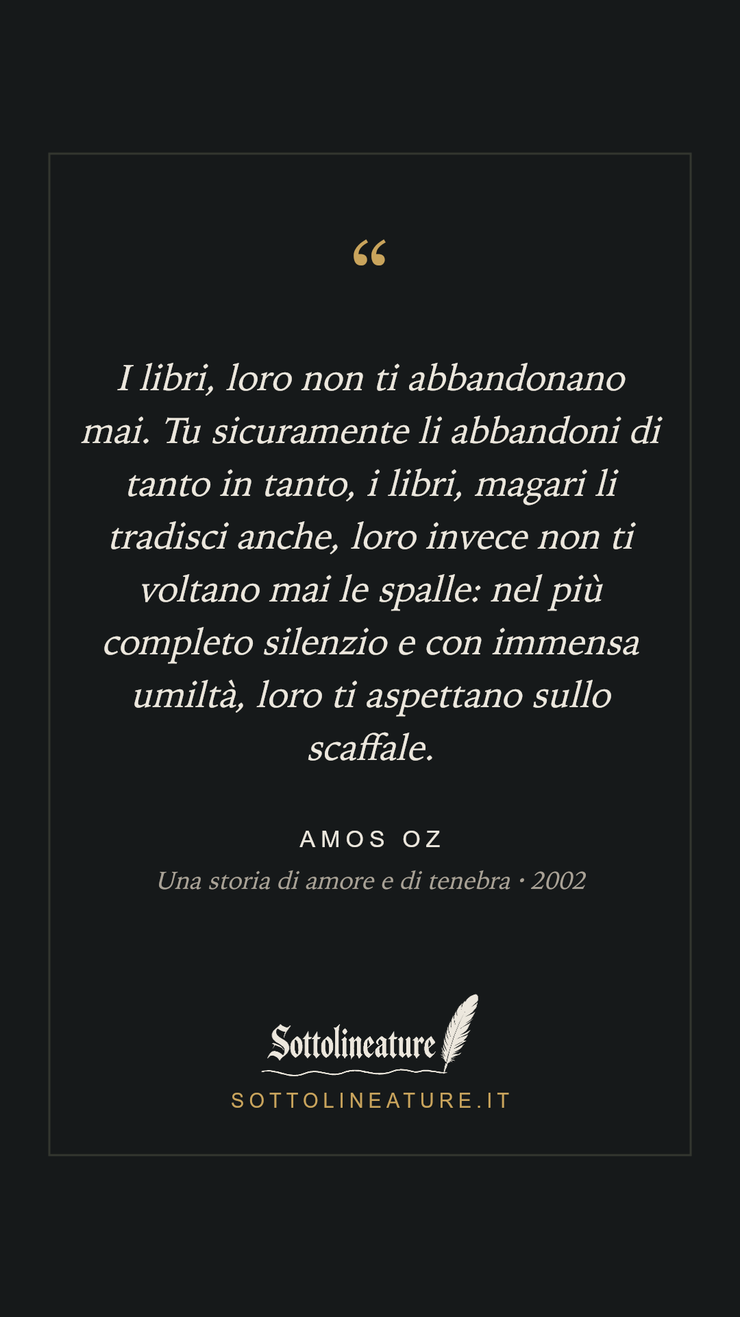 «I libri, loro non ti abbandonano mai. Tu sicuramente li abbandoni di tanto in tanto, i libri, magari li tradisci anche, loro invece non ti voltano mai le spalle: nel più completo silenzio e con immensa umiltà, loro ti aspettano sullo scaffale.» — Amos Oz, Una storia di amore e di tenebra (2002). Grafica Sottolineature, versione scura.
