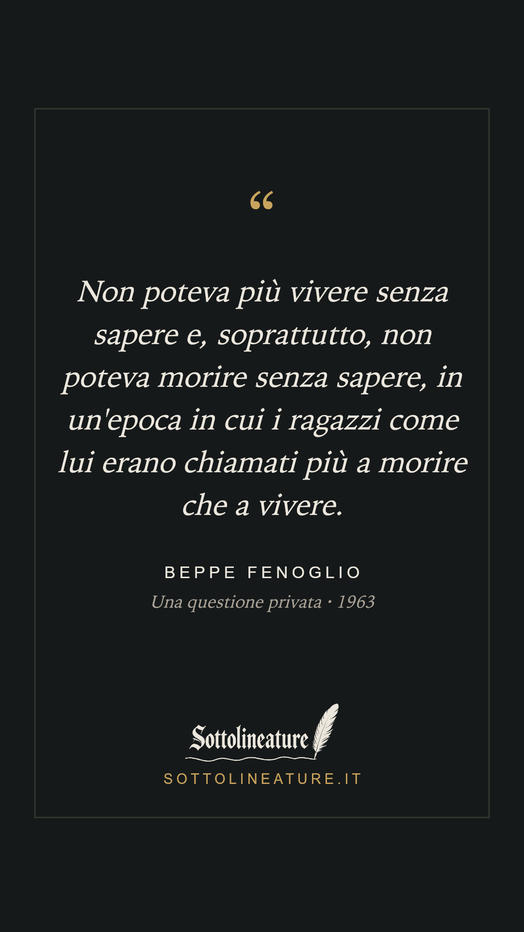 «Non poteva più vivere senza sapere e, soprattutto, non poteva morire senza sapere, in un'epoca in cui i ragazzi come lui erano chiamati più a morire che a vivere.» — Beppe Fenoglio, Una questione privata (1963). Grafica Sottolineature, versione scura.