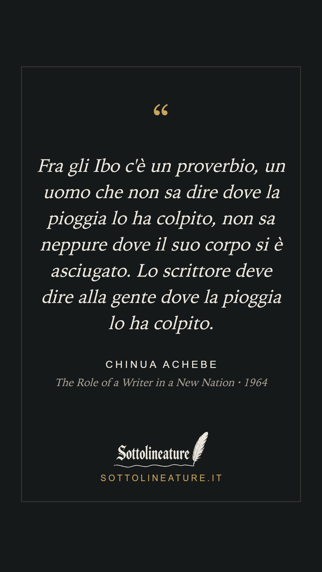 «Fra gli Ibo c'è un proverbio, un uomo che non sa dire dove la pioggia lo ha colpito, non sa neppure dove il suo corpo si è asciugato. Lo scrittore deve dire alla gente dove la pioggia lo ha colpito.» — Chinua Achebe, The Role of a Writer in a New Nation (1964). Grafica Sottolineature, versione scura.