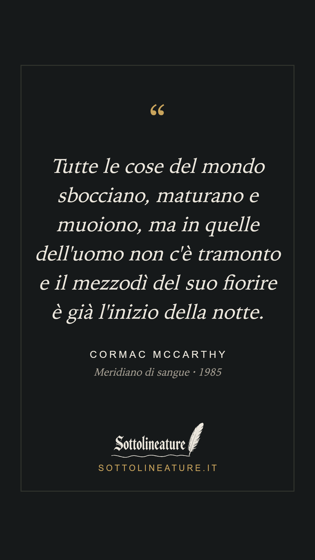 «Tutte le cose del mondo sbocciano, maturano e muoiono, ma in quelle dell'uomo non c'è tramonto e il mezzodì del suo fiorire è già l'inizio della notte.» — Cormac McCarthy, Meridiano di sangue (1985). Grafica Sottolineature, versione scura.