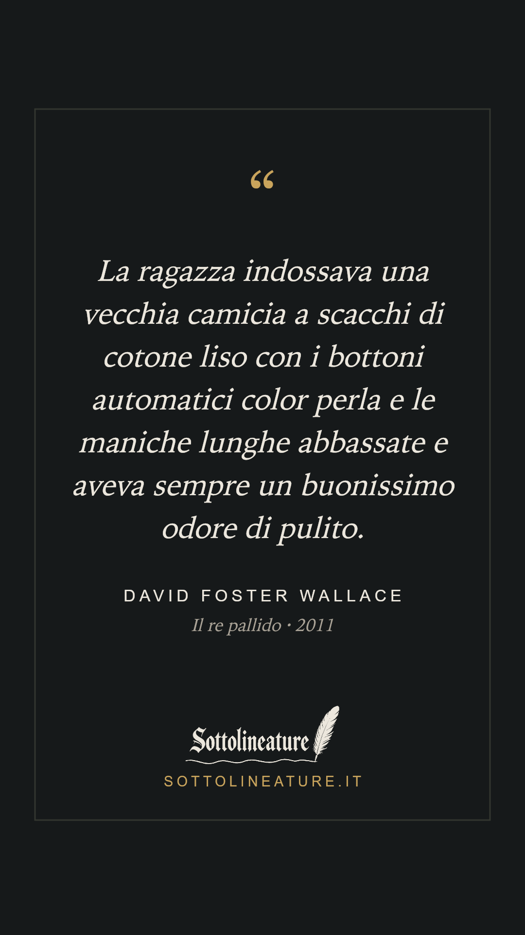 «La ragazza indossava una vecchia camicia a scacchi di cotone liso con i bottoni automatici color perla e le maniche lunghe abbassate e aveva sempre un buonissimo odore di pulito.» — David Foster Wallace, Il re pallido (2011). Grafica Sottolineature, versione scura.