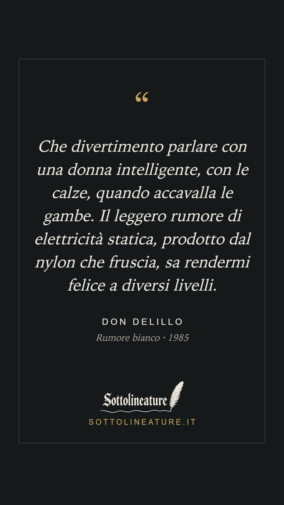 «Che divertimento parlare con una donna intelligente, con le calze, quando accavalla le gambe. Il leggero rumore di elettricità statica, prodotto dal nylon che fruscia, sa rendermi felice a diversi livelli.» — Don DeLillo, Rumore bianco (1985). Grafica Sottolineature, versione scura.