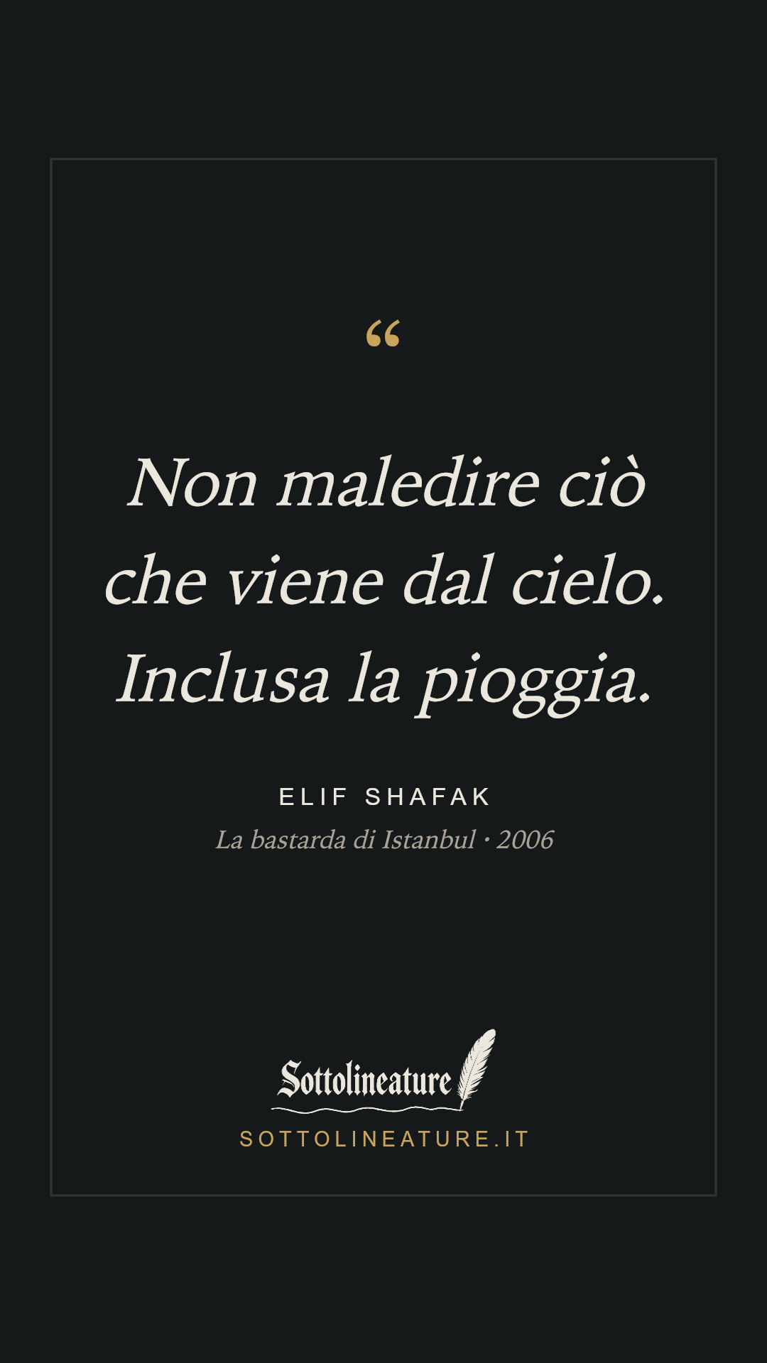 «Non maledire ciò che viene dal cielo. Inclusa la pioggia.» — Elif Shafak, La bastarda di Istanbul (2006). Grafica Sottolineature, versione scura.