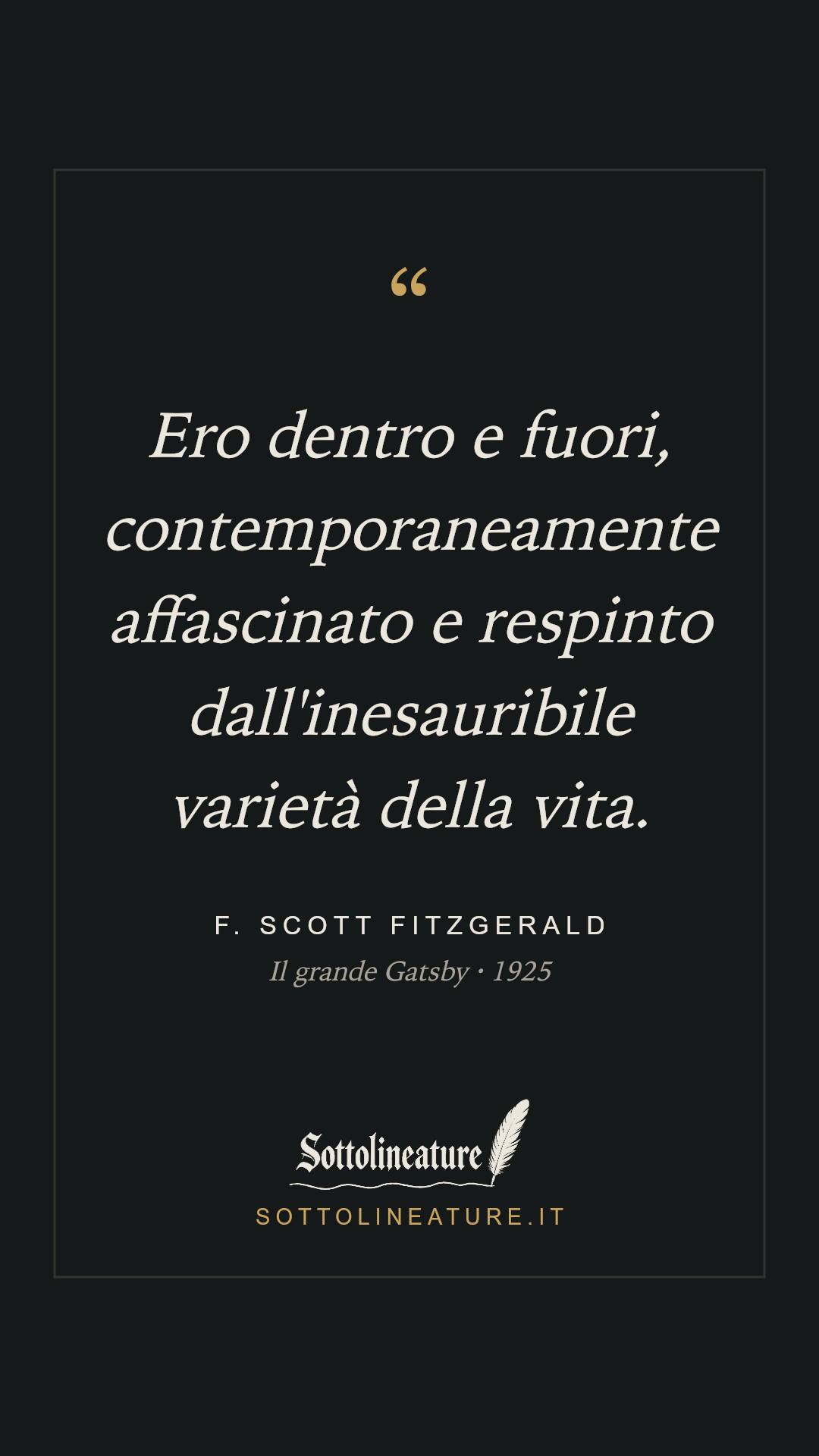 «Ero dentro e fuori, contemporaneamente affascinato e respinto dall'inesauribile varietà della vita.» — F. Scott Fitzgerald, Il grande Gatsby (1925). Grafica Sottolineature, versione scura.