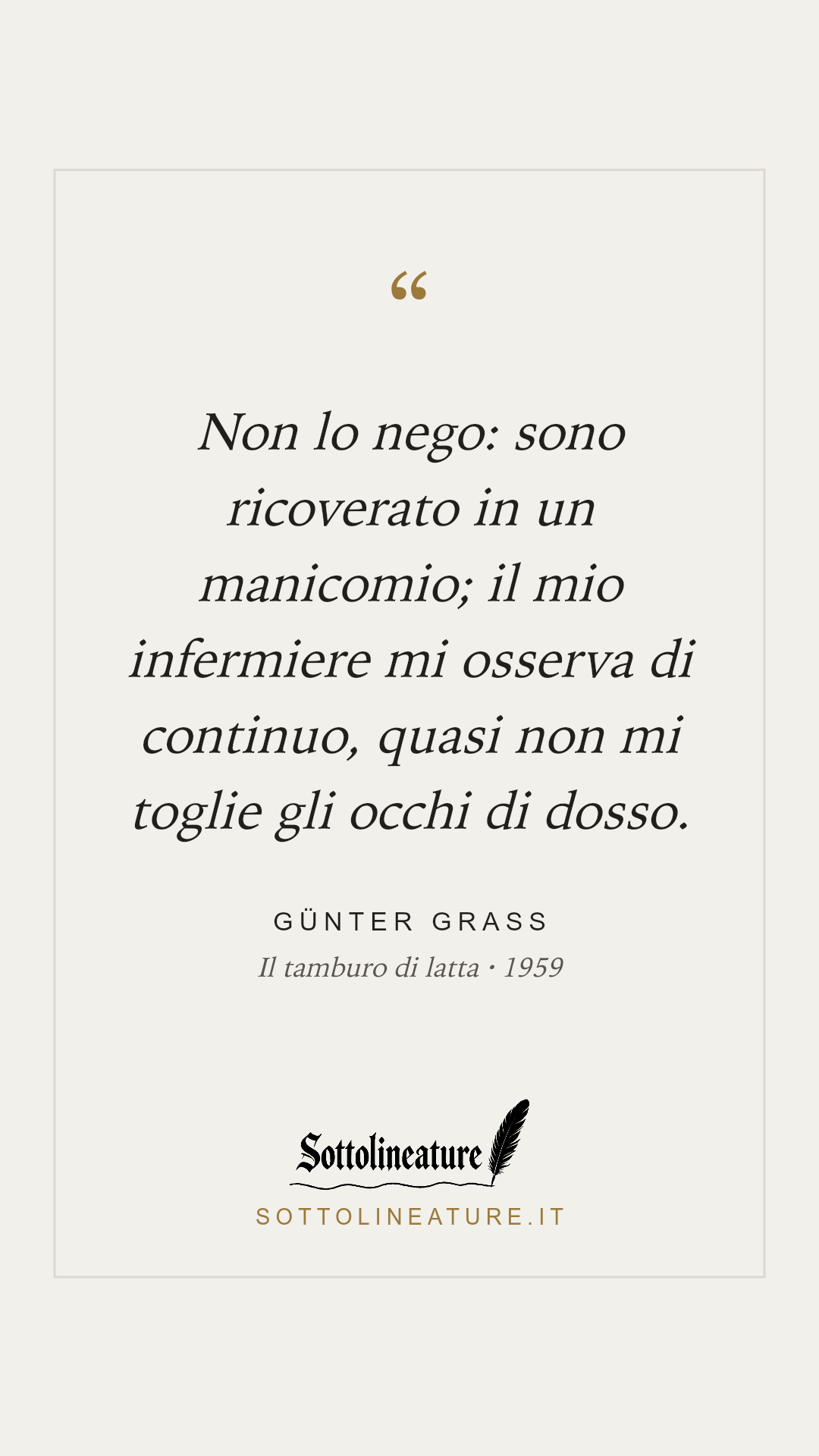 «Non lo nego: sono ricoverato in un manicomio; il mio infermiere mi osserva di continuo, quasi non mi toglie gli occhi di dosso.» — Günter Grass, Il tamburo di latta (1959). Grafica Sottolineature, versione chiara.