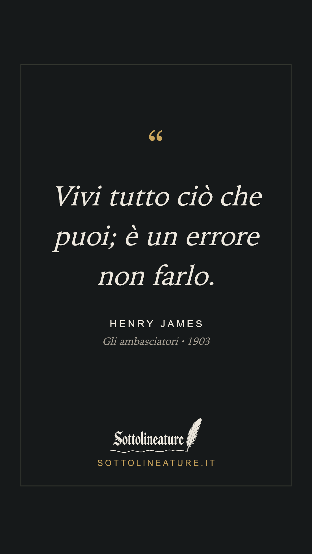 «Vivi tutto ciò che puoi; è un errore non farlo.» — Henry James, Gli ambasciatori (1903). Grafica Sottolineature, versione scura.