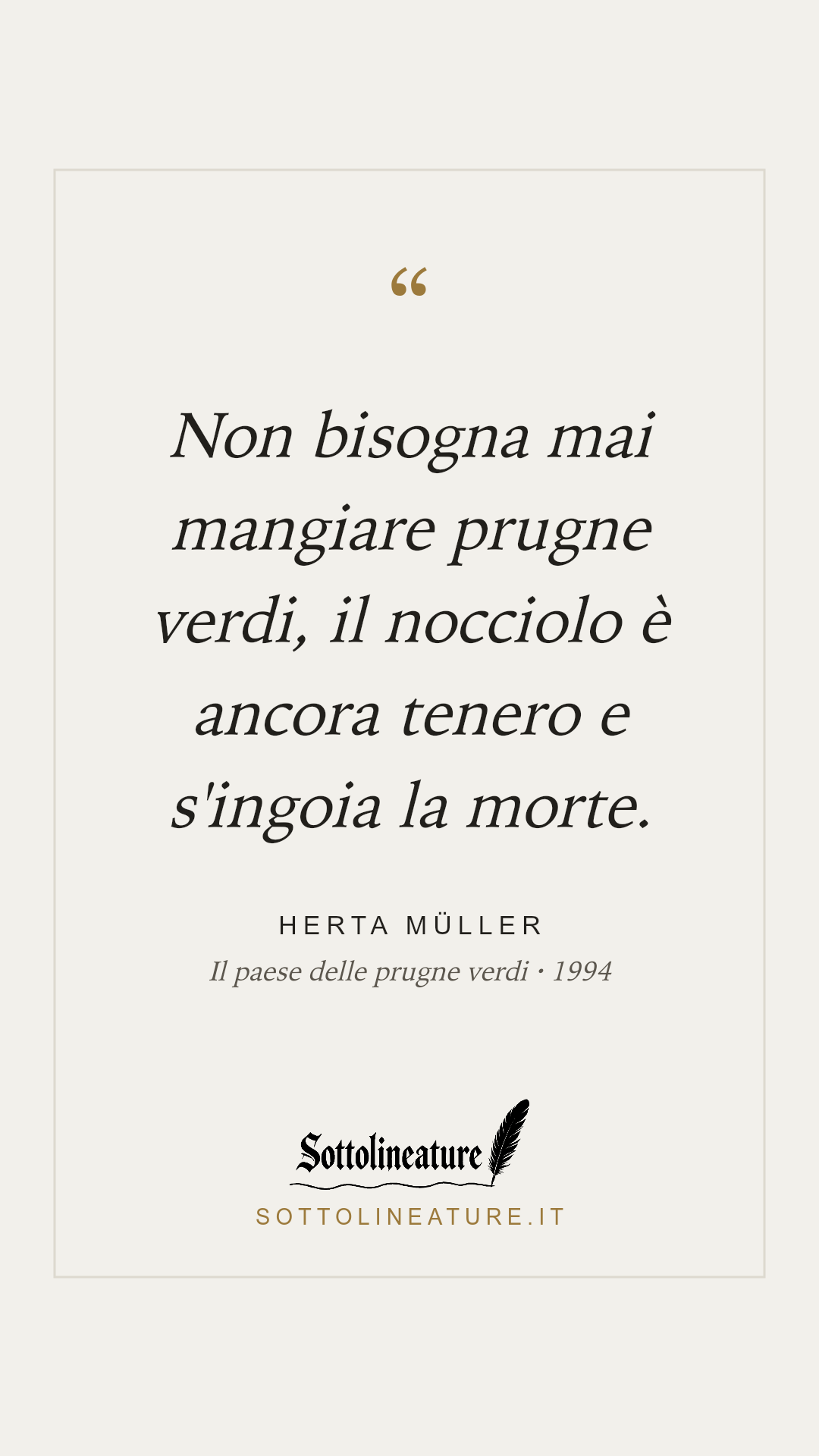 «Non bisogna mai mangiare prugne verdi, il nocciolo è ancora tenero e s'ingoia la morte.» — Herta Müller, Il paese delle prugne verdi (1994). Grafica Sottolineature, versione chiara.