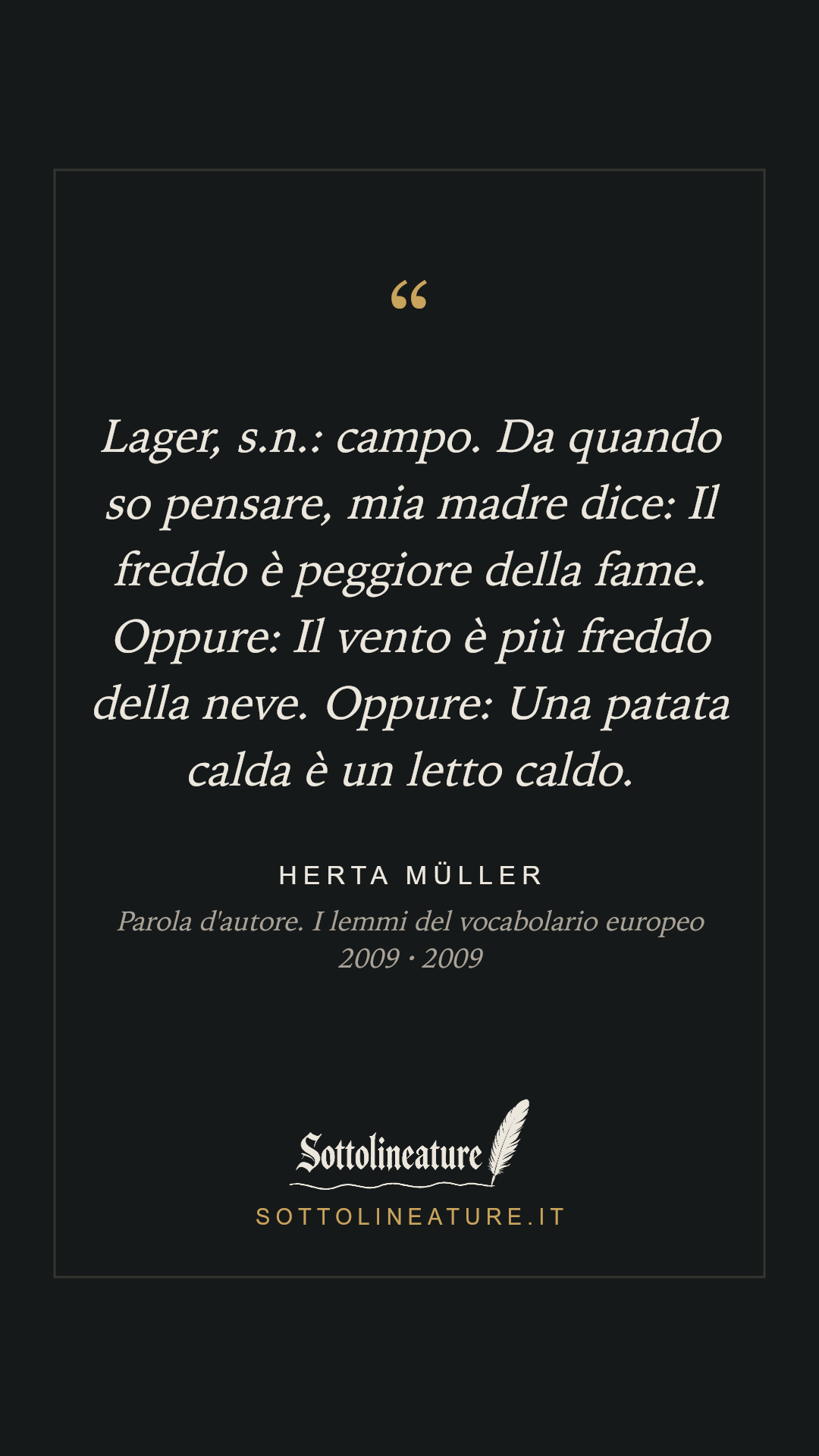 «Lager, s.n.: campo. Da quando so pensare, mia madre dice: Il freddo è peggiore della fame. Oppure: Il vento è più freddo della neve. Oppure: Una patata calda è un letto caldo.» — Herta Müller, Parola d'autore. I lemmi del vocabolario europeo 2009 (2009). Grafica Sottolineature, versione scura.