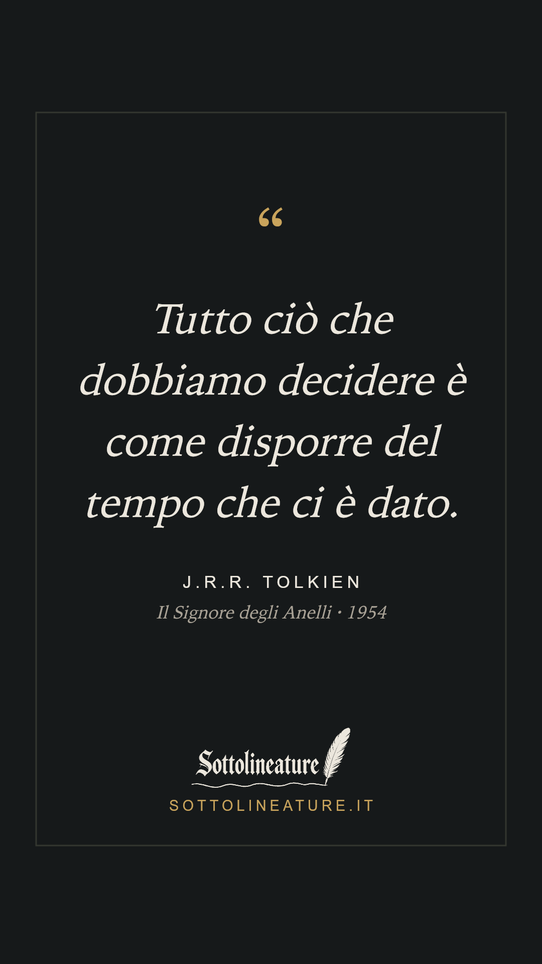 «Tutto ciò che dobbiamo decidere è come disporre del tempo che ci è dato.» — J.R.R. Tolkien, Il Signore degli Anelli (1954). Grafica Sottolineature, versione scura.