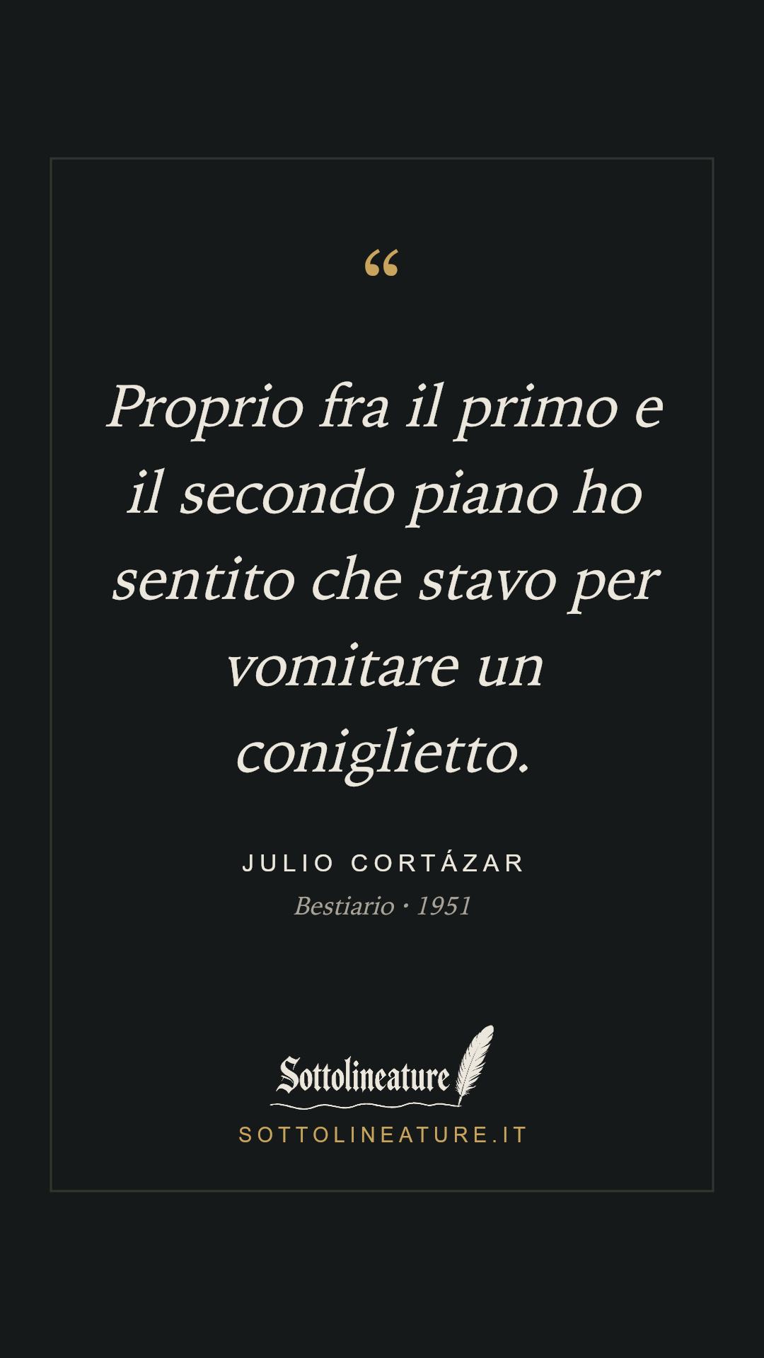 «Proprio fra il primo e il secondo piano ho sentito che stavo per vomitare un coniglietto.» — Julio Cortázar, Bestiario (1951). Grafica Sottolineature, versione scura.