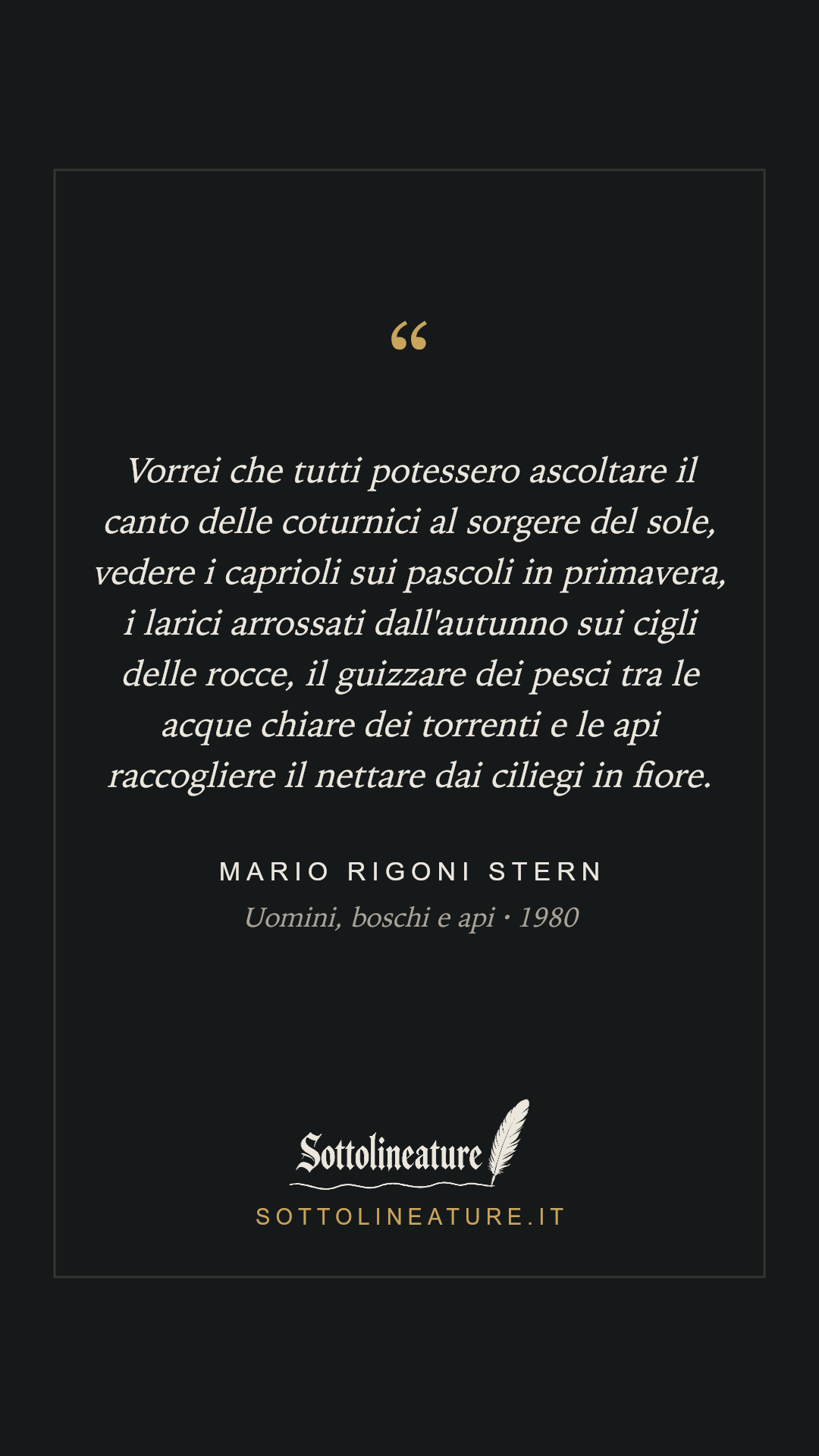 «Vorrei che tutti potessero ascoltare il canto delle coturnici al sorgere del sole, vedere i caprioli sui pascoli in primavera, i larici arrossati dall'autunno sui cigli delle rocce, il guizzare dei pesci tra le acque chiare dei torrenti e le api raccogliere il nettare dai ciliegi in fiore.» — Mario Rigoni Stern, Uomini, boschi e api (1980). Grafica Sottolineature, versione scura.