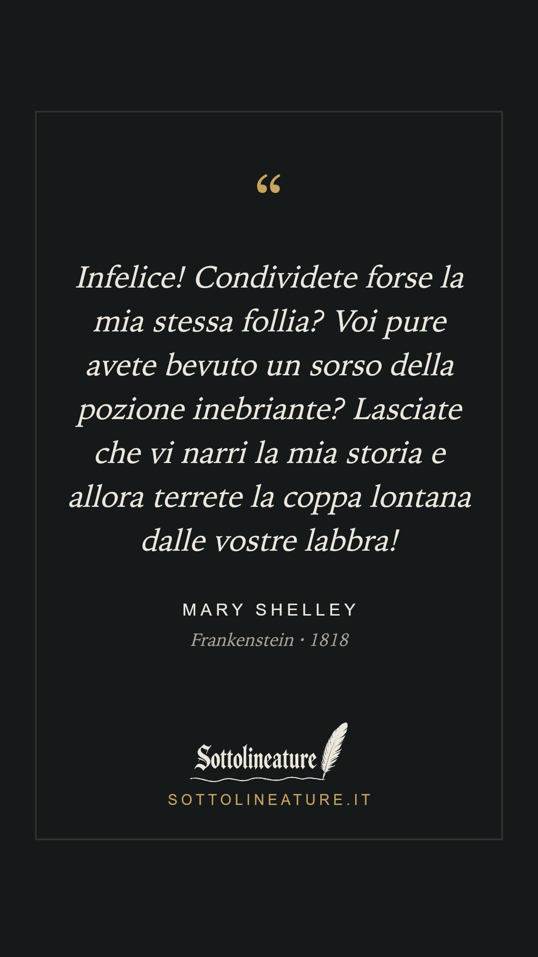 «Infelice! Condividete forse la mia stessa follia? Voi pure avete bevuto un sorso della pozione inebriante? Lasciate che vi narri la mia storia e allora terrete la coppa lontana dalle vostre labbra!» — Mary Shelley, Frankenstein (1818). Grafica Sottolineature, versione scura.