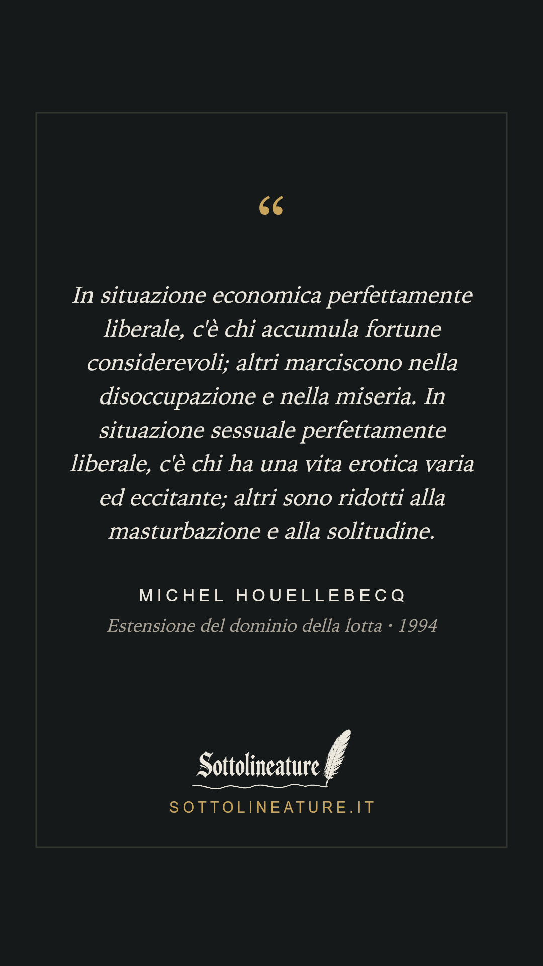 «In situazione economica perfettamente liberale, c'è chi accumula fortune considerevoli; altri marciscono nella disoccupazione e nella miseria. In situazione sessuale perfettamente liberale, c'è chi ha una vita erotica varia ed eccitante; altri sono ridotti alla masturbazione e alla solitudine.» — Michel Houellebecq, Estensione del dominio della lotta (1994). Grafica Sottolineature, versione scura.