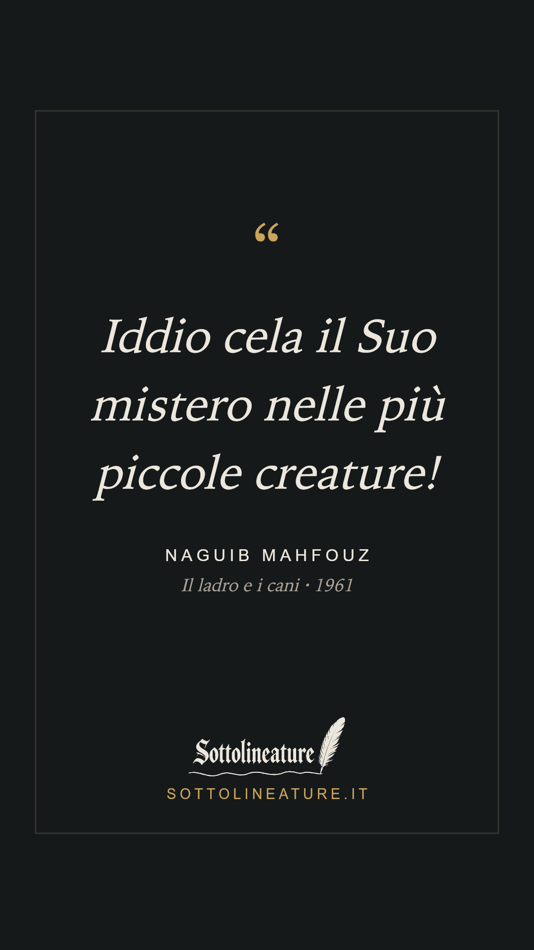 «Iddio cela il Suo mistero nelle più piccole creature!» — Naguib Mahfouz, Il ladro e i cani (1961). Grafica Sottolineature, versione scura.