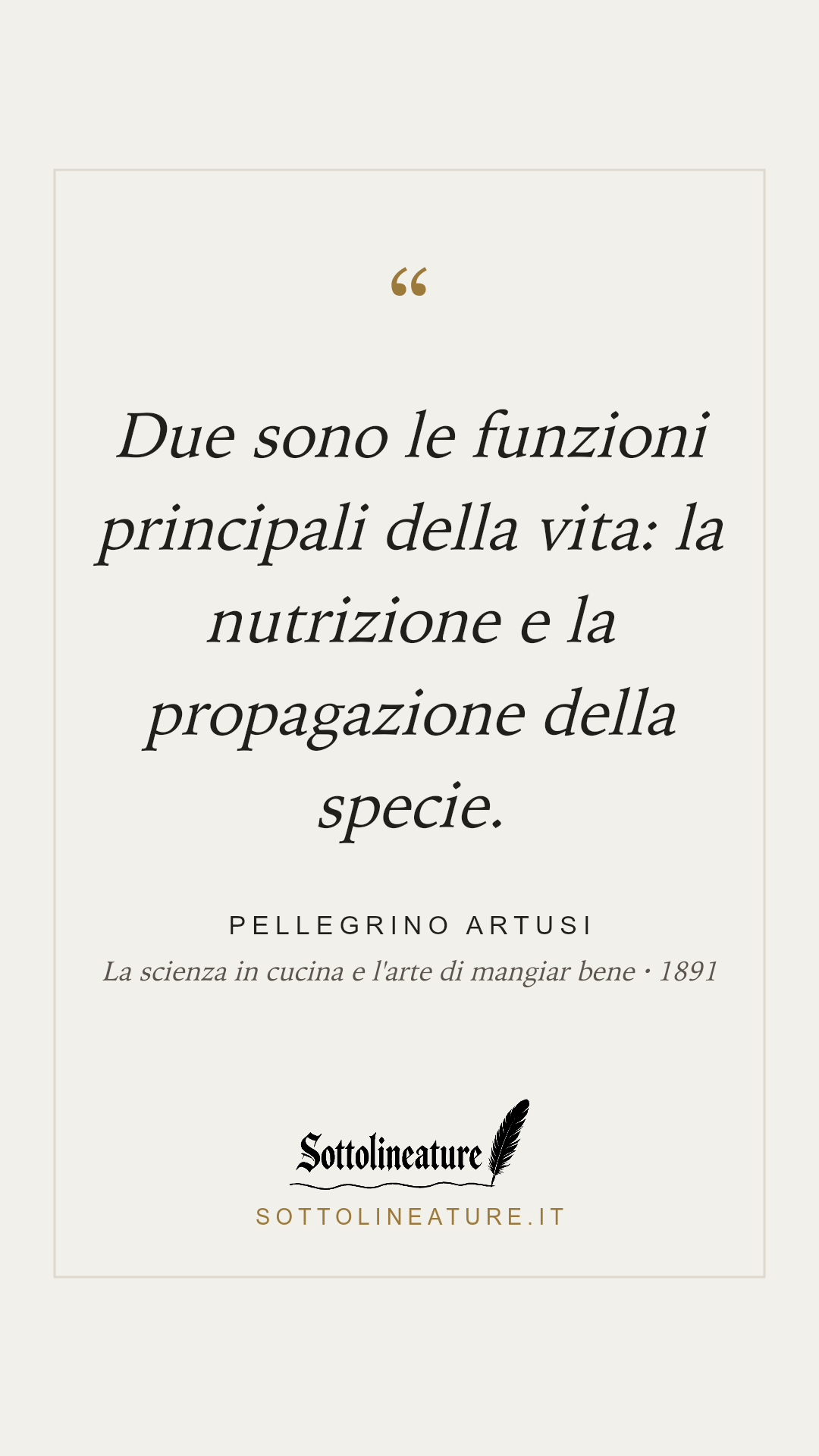 «Due sono le funzioni principali della vita: la nutrizione e la propagazione della specie.» — Pellegrino Artusi, La scienza in cucina e l'arte di mangiar bene (1891). Grafica Sottolineature, versione chiara.