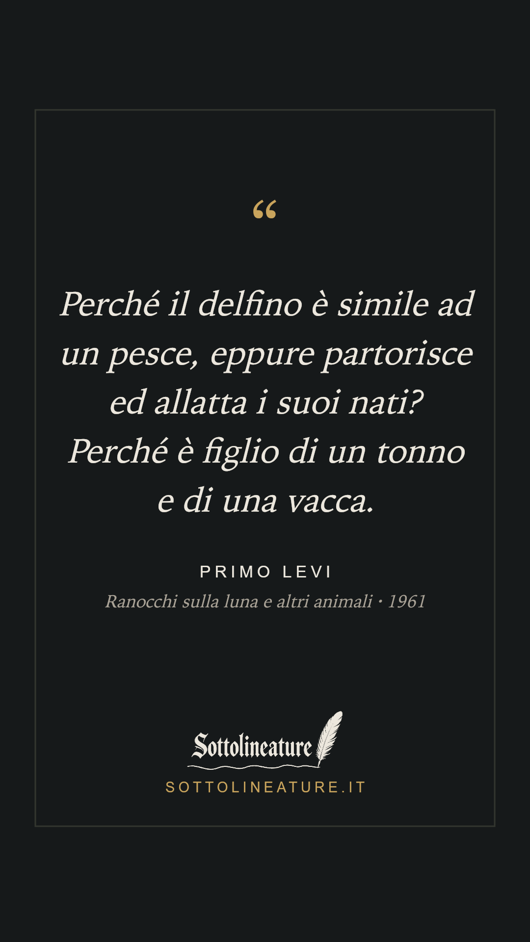 «Perché il delfino è simile ad un pesce, eppure partorisce ed allatta i suoi nati? Perché è figlio di un tonno e di una vacca.» — Primo Levi, Ranocchi sulla luna e altri animali (1961). Grafica Sottolineature, versione scura.