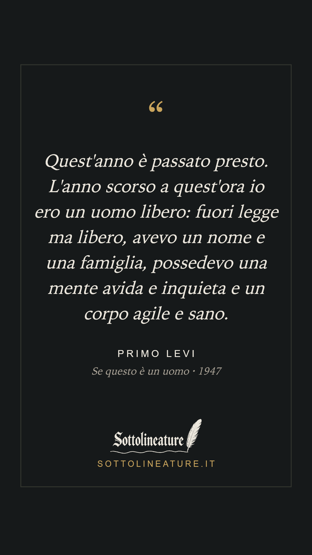 «Quest'anno è passato presto. L'anno scorso a quest'ora io ero un uomo libero: fuori legge ma libero, avevo un nome e una famiglia, possedevo una mente avida e inquieta e un corpo agile e sano.» — Primo Levi, Se questo è un uomo (1947). Grafica Sottolineature, versione scura.