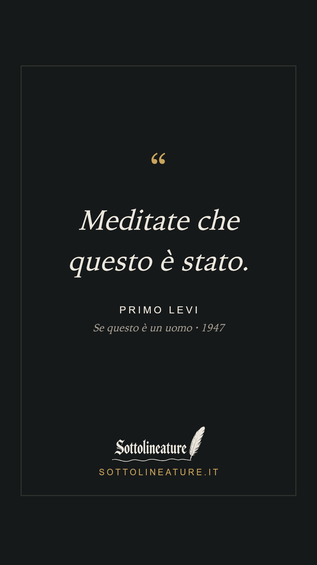 «Meditate che questo è stato.» — Primo Levi, Se questo è un uomo (1947). Grafica Sottolineature, versione scura.