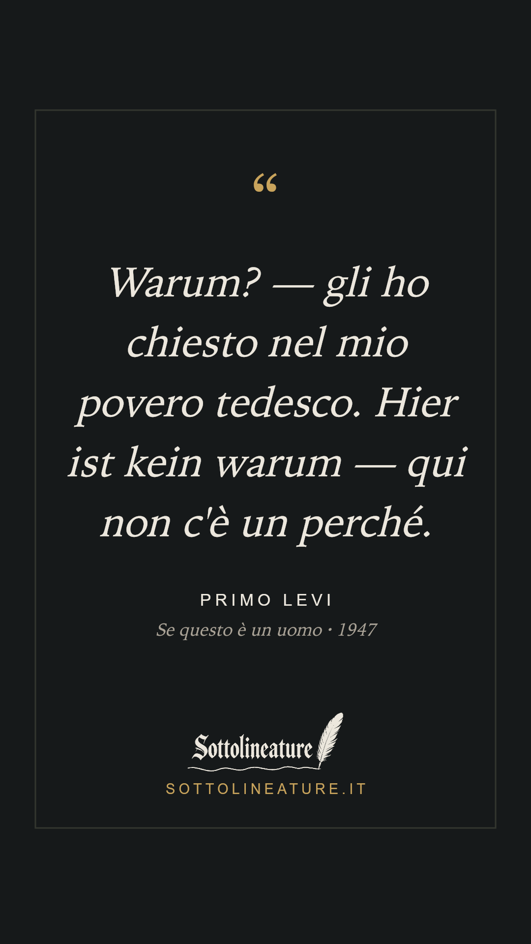 «Warum? — gli ho chiesto nel mio povero tedesco. Hier ist kein warum — qui non c'è un perché.» — Primo Levi, Se questo è un uomo (1947). Grafica Sottolineature, versione scura.
