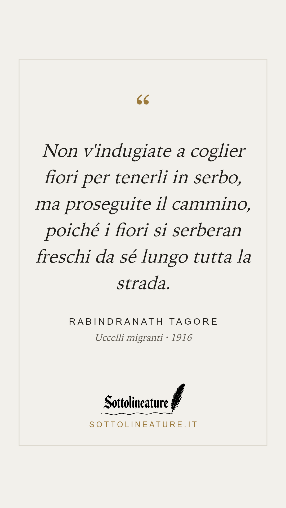 «Non v'indugiate a coglier fiori per tenerli in serbo, ma proseguite il cammino, poiché i fiori si serberan freschi da sé lungo tutta la strada.» — Rabindranath Tagore, Uccelli migranti (1916). Grafica Sottolineature, versione chiara.