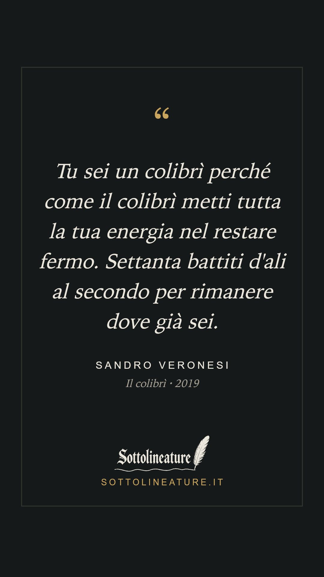 «Tu sei un colibrì perché come il colibrì metti tutta la tua energia nel restare fermo. Settanta battiti d'ali al secondo per rimanere dove già sei.» — Sandro Veronesi, Il colibrì (2019). Grafica Sottolineature, versione scura.