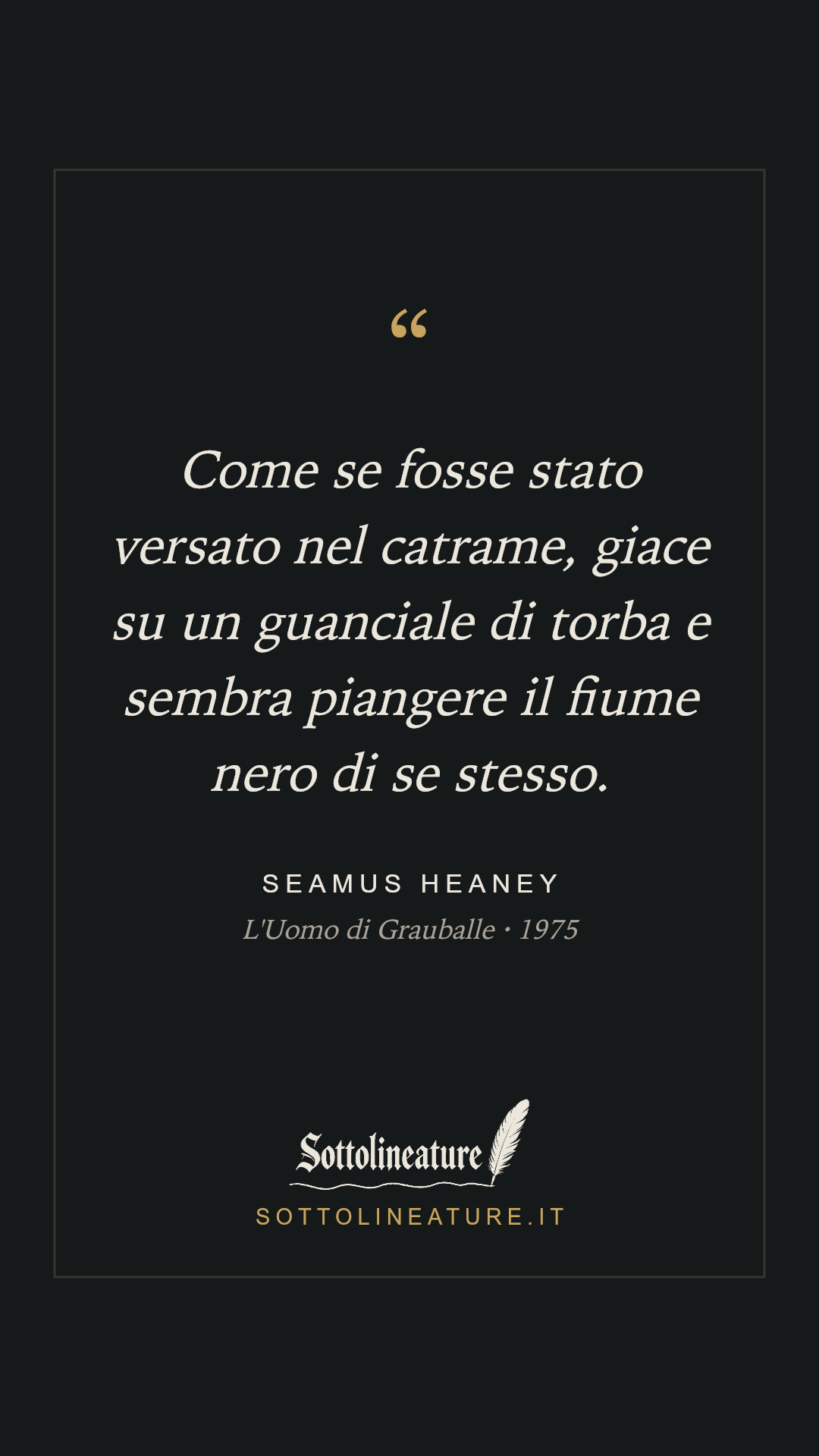 «Come se fosse stato versato nel catrame, giace su un guanciale di torba e sembra piangere il fiume nero di se stesso.» — Seamus Heaney, L'Uomo di Grauballe (1975). Grafica Sottolineature, versione scura.