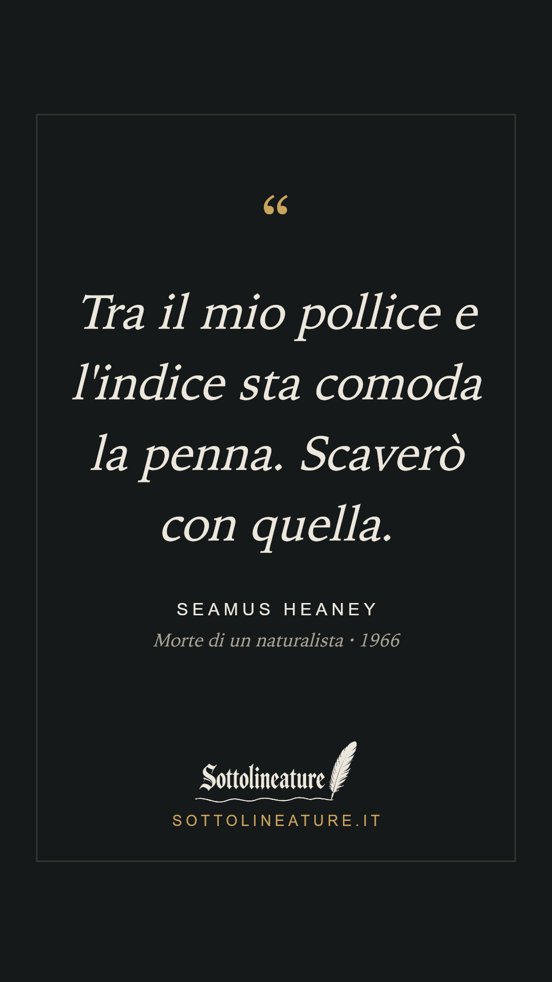 «Tra il mio pollice e l'indice sta comoda la penna. Scaverò con quella.» — Seamus Heaney, Morte di un naturalista (1966). Grafica Sottolineature, versione scura.