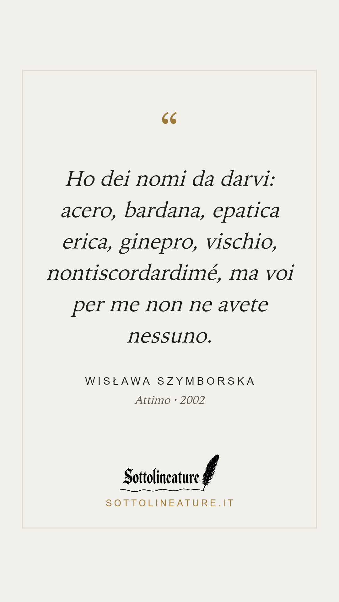 «Ho dei nomi da darvi: acero, bardana, epatica erica, ginepro, vischio, nontiscordardimé, ma voi per me non ne avete nessuno.» — Wisława Szymborska, Attimo (2002). Grafica Sottolineature, versione chiara.