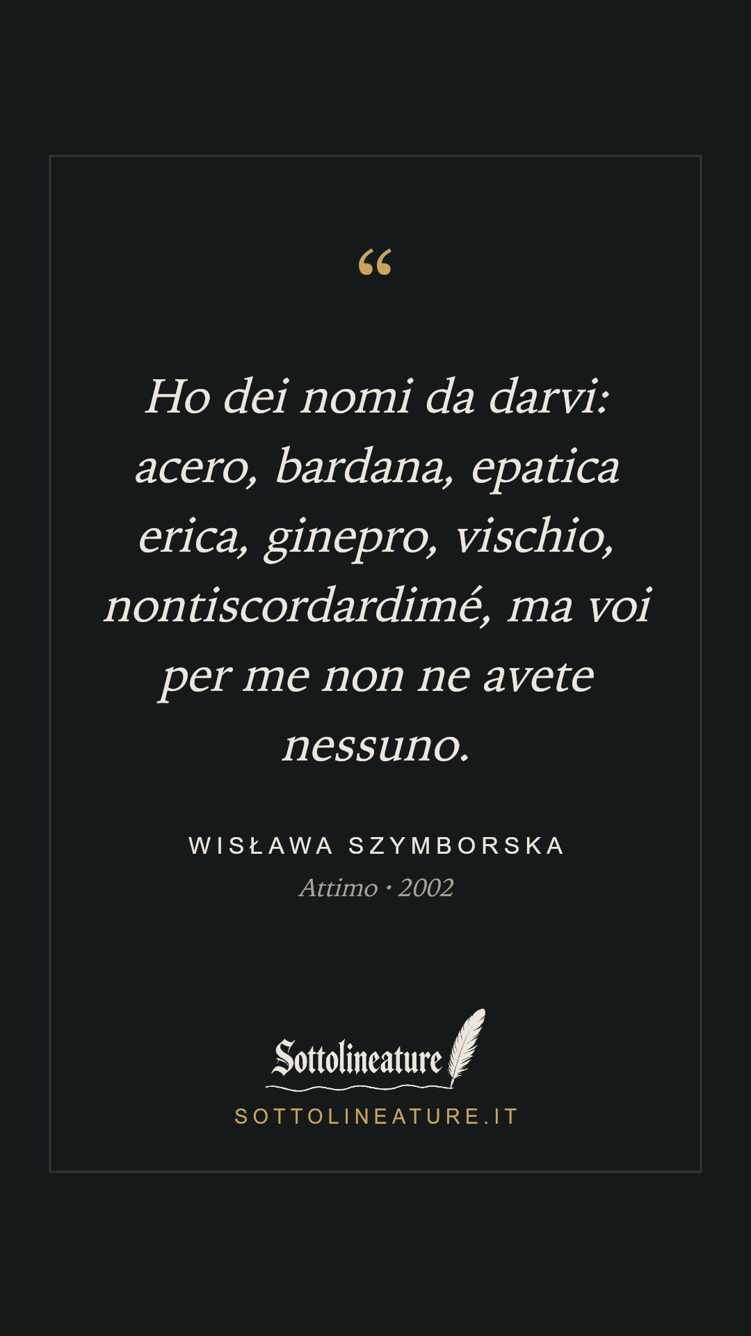 «Ho dei nomi da darvi: acero, bardana, epatica erica, ginepro, vischio, nontiscordardimé, ma voi per me non ne avete nessuno.» — Wisława Szymborska, Attimo (2002). Grafica Sottolineature, versione scura.
